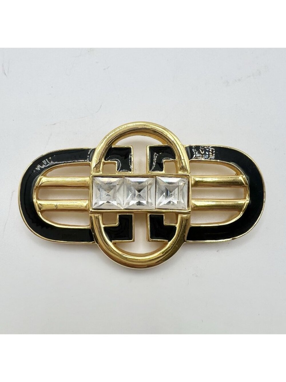 Vintage S.A.L Gold Tone Black Enamel Rhinestone Brooch Art Deco Pin